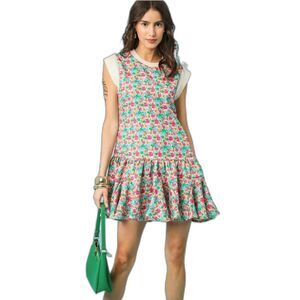 Umgee | NWT Floral Mock Neck Drop Waist Mini Dress - Cream | Large